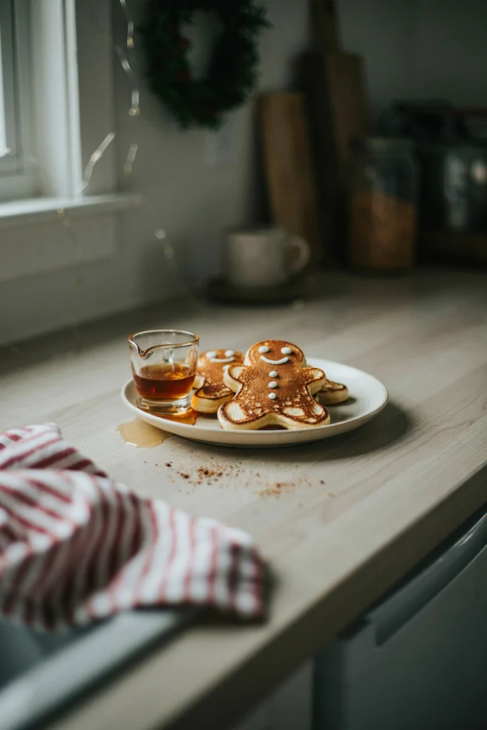 A brown gingerbread-shaped pancake with white icing dots for buttons and a smiling face, drizzled with maple syrup.