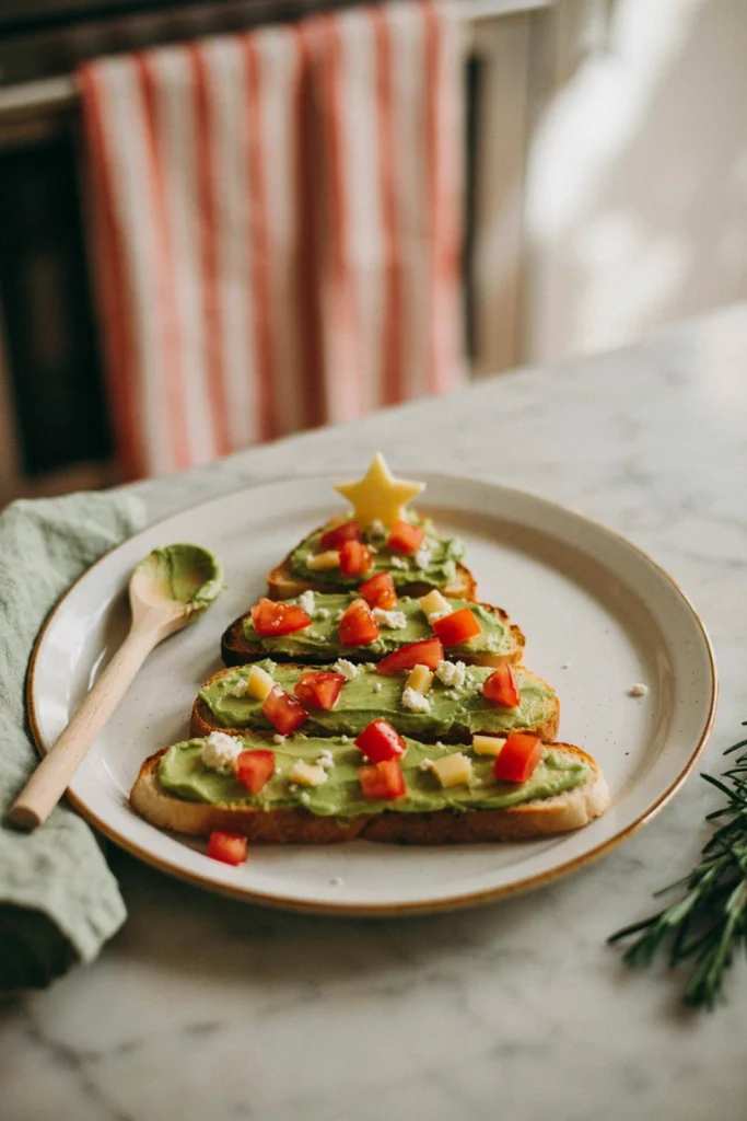 A slice of toast cut into a tree shape, spread with avocado or green pesto, topped with tomato and cheese ornaments.
