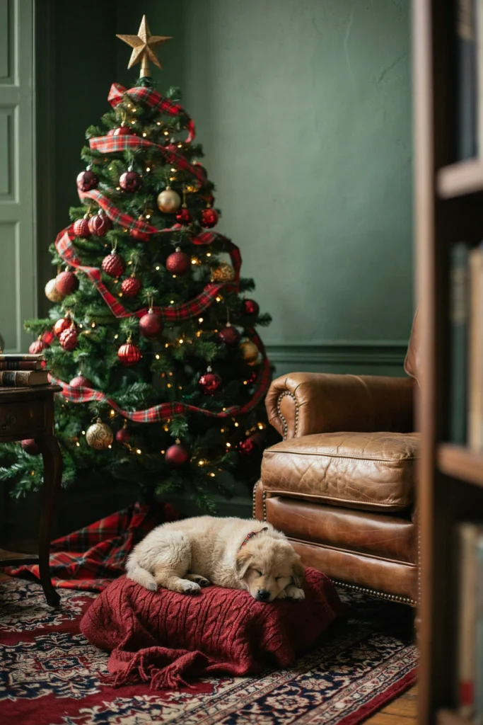 Puppy sleeping on a red knit Christmas blanket near a Ralph Lauren style tree