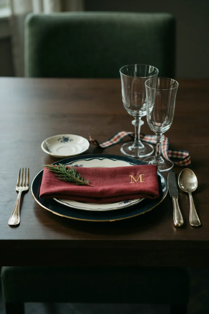 Monogrammed red linen Christmas napkins with crystal stemware on a holiday table