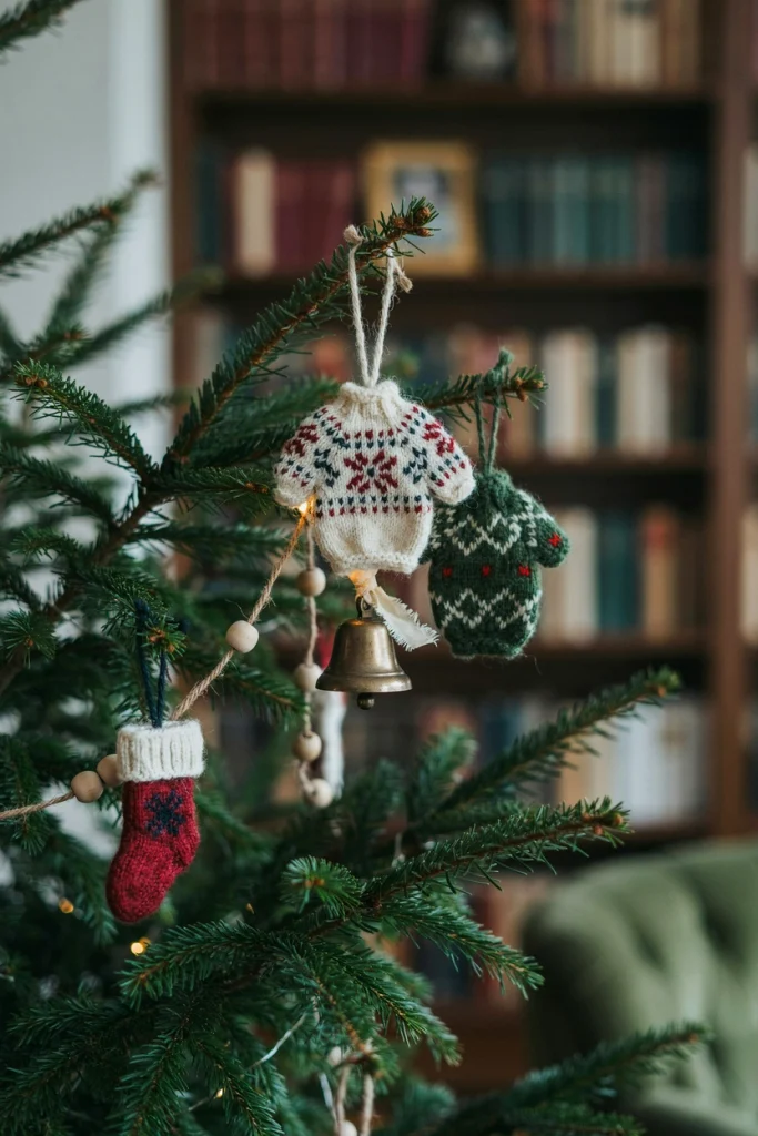Fair Isle Christmas ornaments and knit stockings in cream, red, and navy on a tree branch