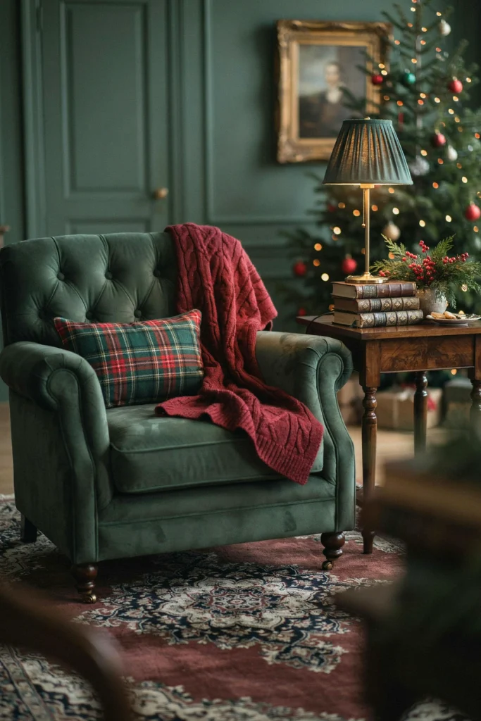 Green velvet armchair with a red cable-knit Christmas throw blanket and candle