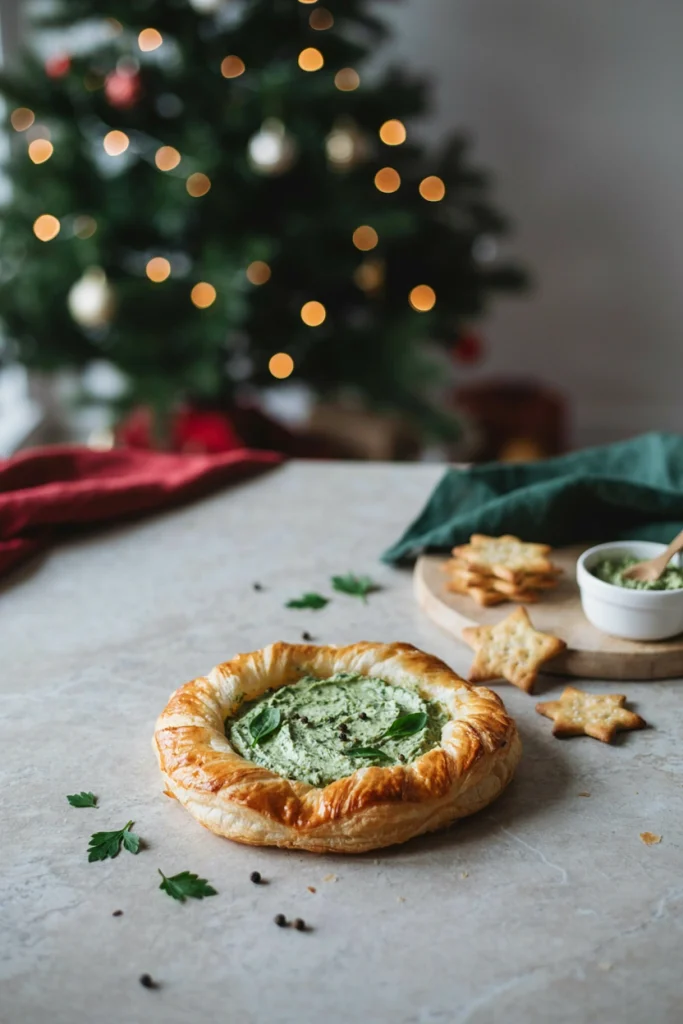Puff pastry shaped and baked into a wreath, filled with warm green spinach dip, with a cracker star nearby.
