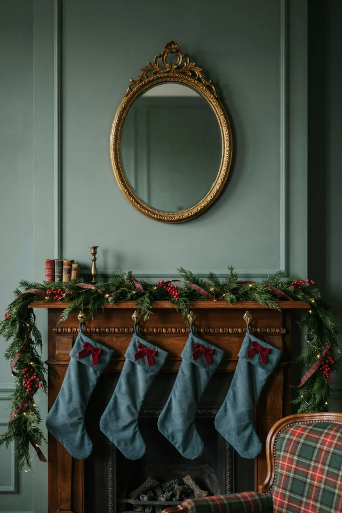 Blue velvet Christmas stockings with red bows hanging from a pine garland mantel