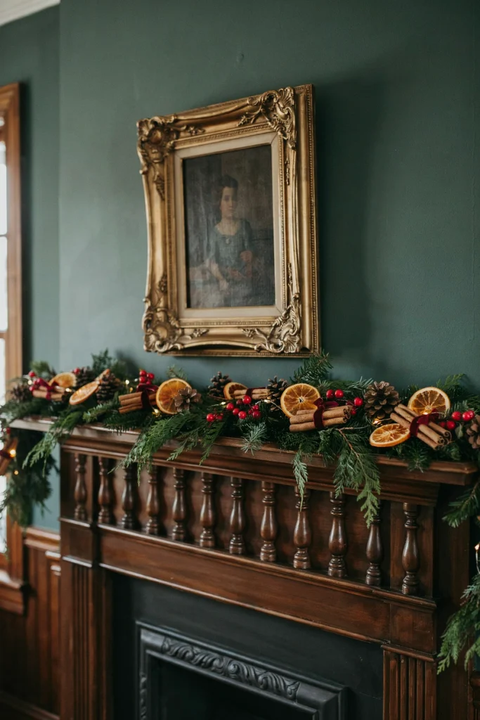 Dried orange slice and pinecone Christmas garland on a wooden mantel with brass candlesticks