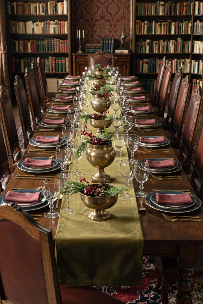 Hunter green velvet table runner with brass candlesticks and ivory tapers on a Christmas table