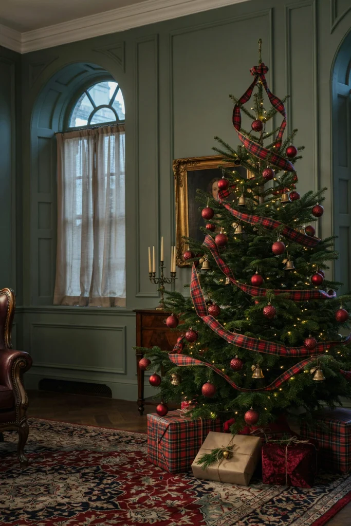 Ralph Lauren Christmas tree with red and green tartan ribbon, velvet ornaments, and brass bells
