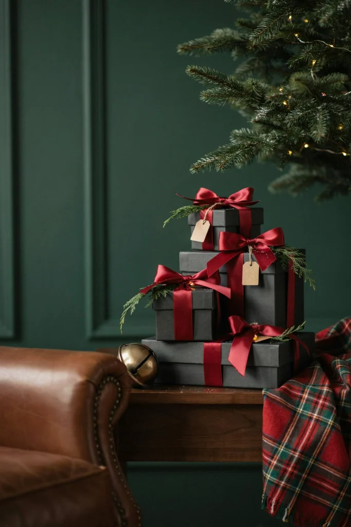 Stacked black Christmas gift boxes tied with red satin ribbon in a Ralph Lauren style