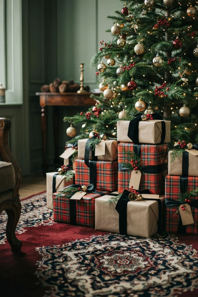 Tartan and kraft paper Christmas gift wrap with black ribbon and gift tags under the tree