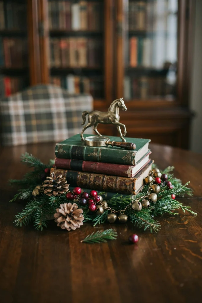 Christmas centerpiece of leather-bound books topped with a brass candlestick and pine bough