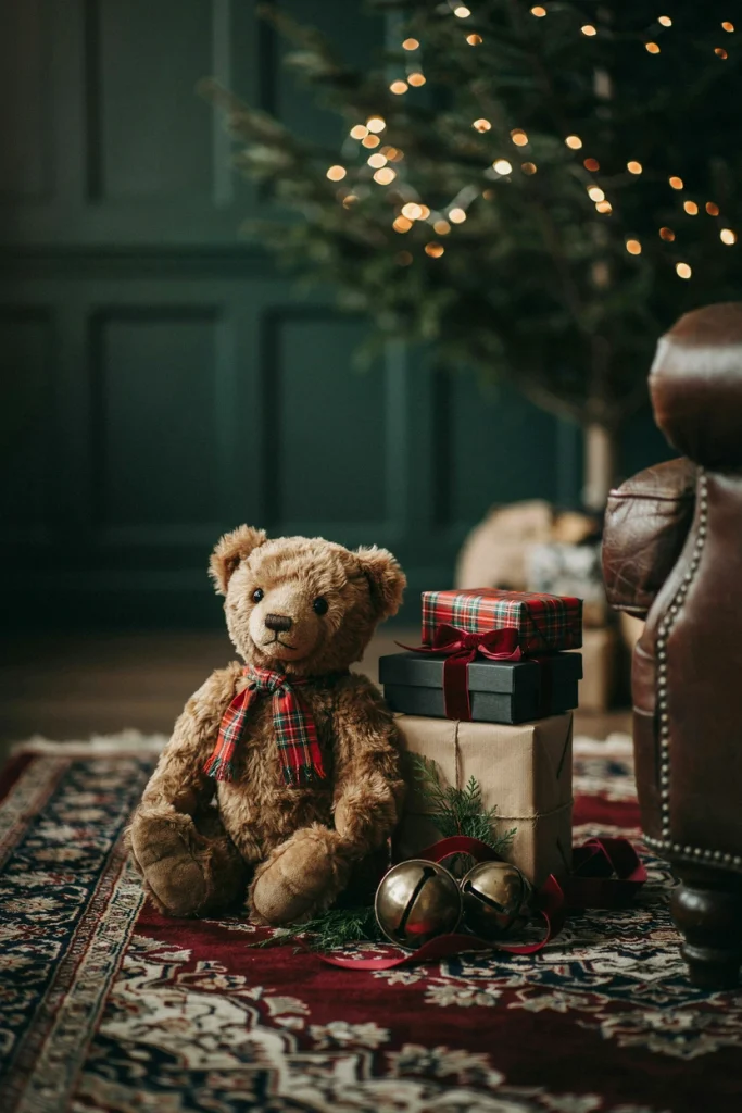 Vintage style teddy bear in a plaid scarf sitting beside Christmas gifts