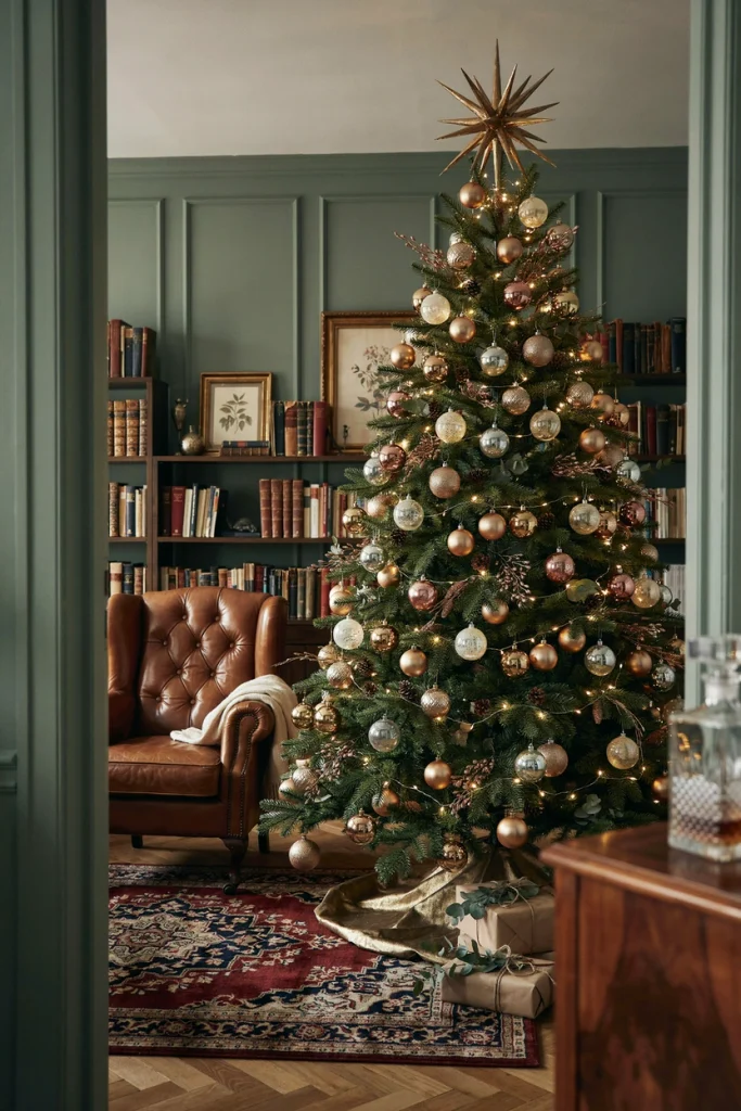 Ralph Lauren style Christmas tree with antique brass and mercury glass ornaments
