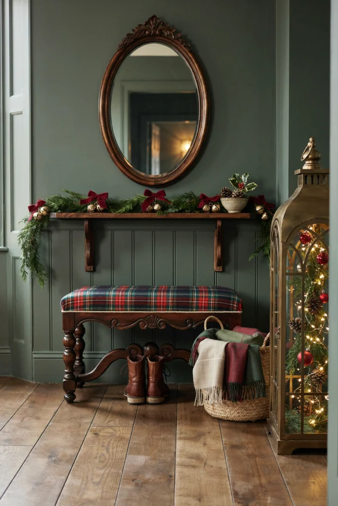 Christmas entryway with plaid bench cushion, brass lantern, and pine garland on the console