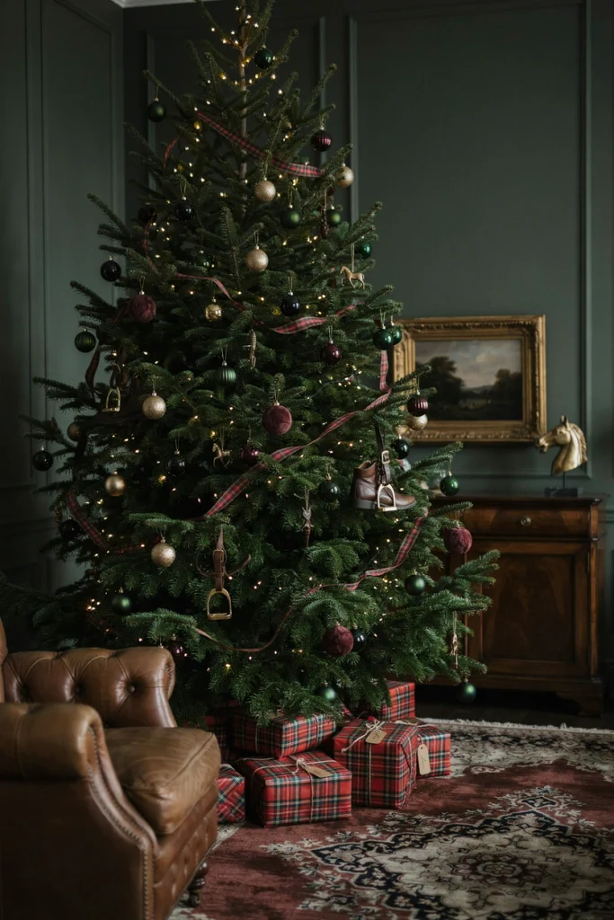 Equestrian Ralph Lauren Christmas tree with leather ornaments, brass stirrups, and mini riding boots