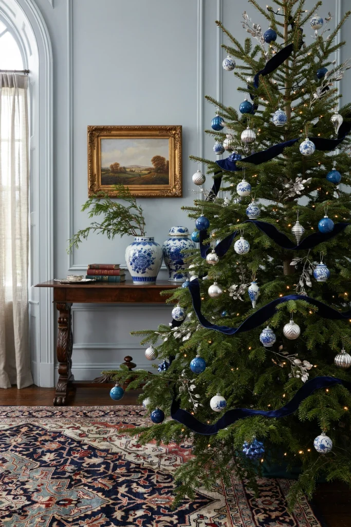 Blue and white chinoiserie Christmas tree with porcelain ornaments and navy ribbon