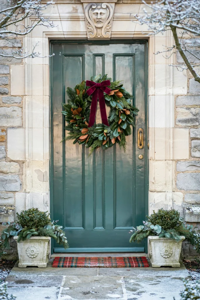 Magnolia leaf Christmas wreath with wide burgundy velvet ribbon on a dark front door