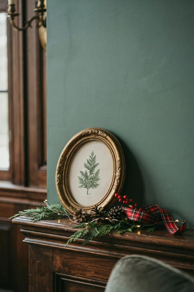 Gold oval frame with a vintage evergreen tree print on a Christmas mantel with greenery