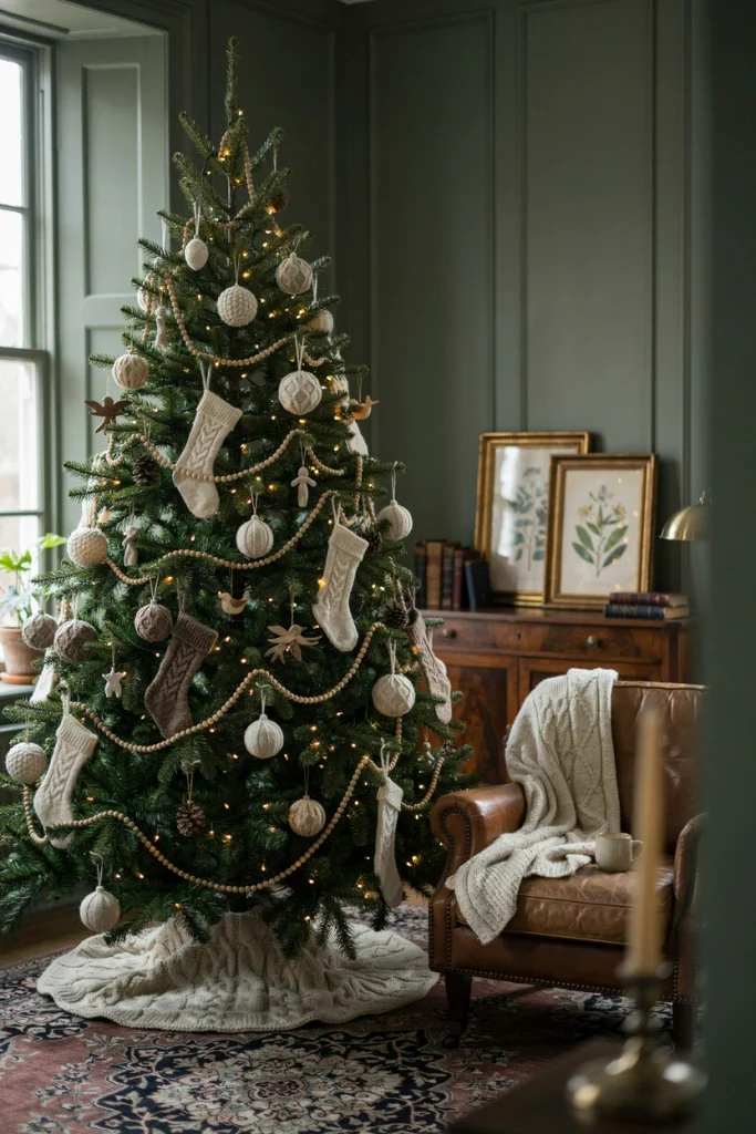 Cream cable-knit Christmas tree with wool ornaments in a cozy Ralph Lauren style