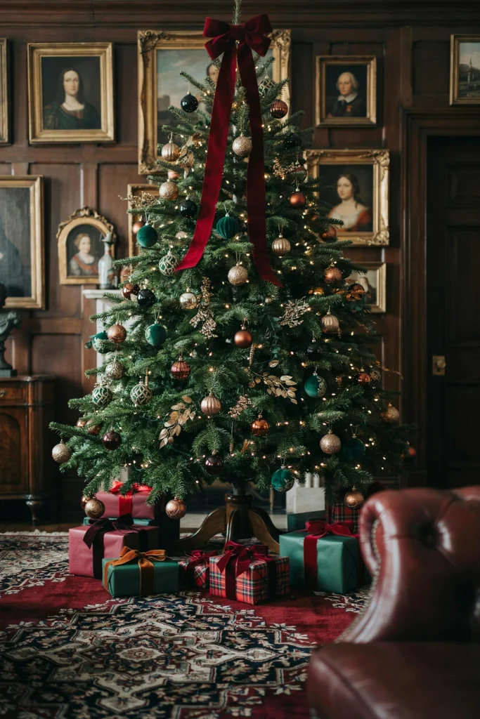 Burgundy velvet bow Christmas tree with bronze ornaments in a Ralph Lauren style
