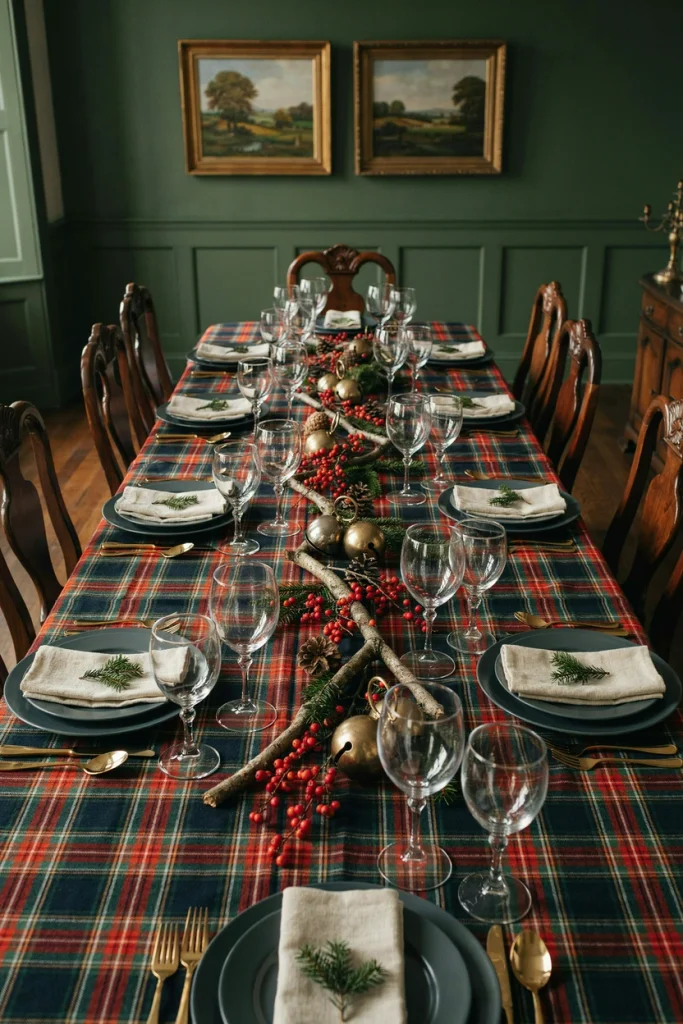 Ralph Lauren Christmas table with red tartan tablecloth, navy plates, and gold flatware