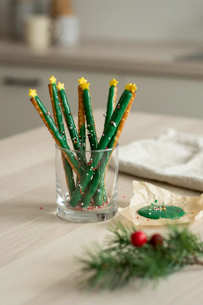 Pretzel rods dipped halfway in green candy melts and covered in sprinkles, standing upright in a cup, resembling little trees.