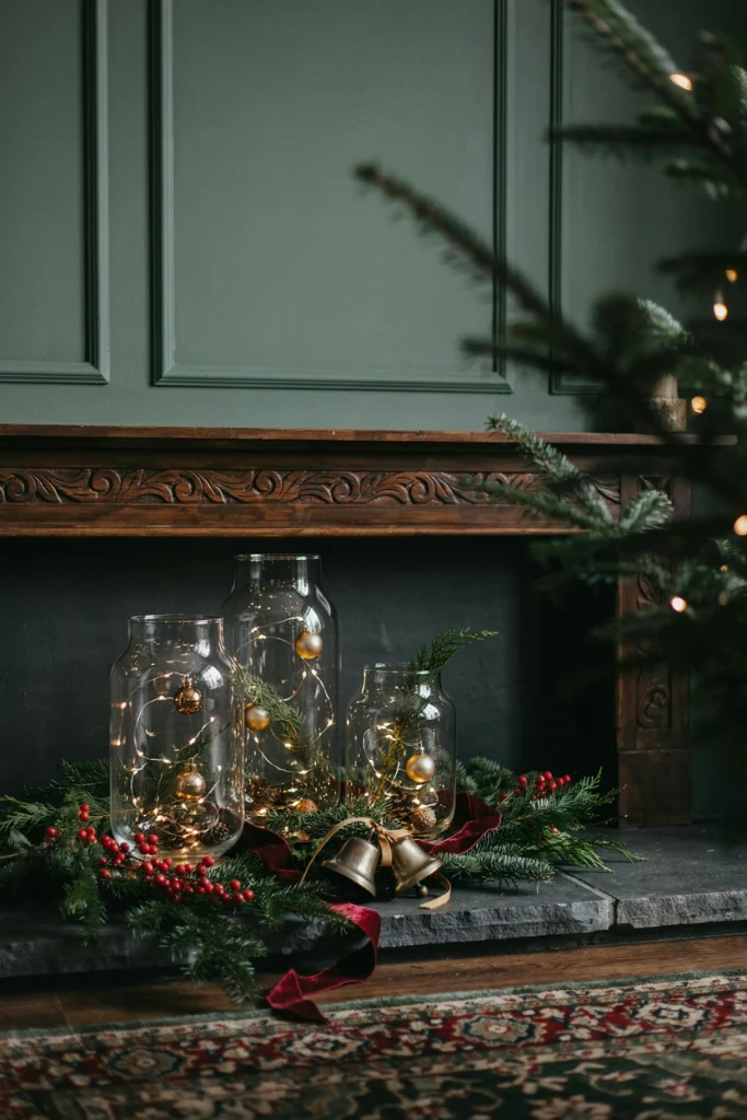 Glass hurricane lanterns with candles on a Christmas hearth surrounded by cedar and pinecones