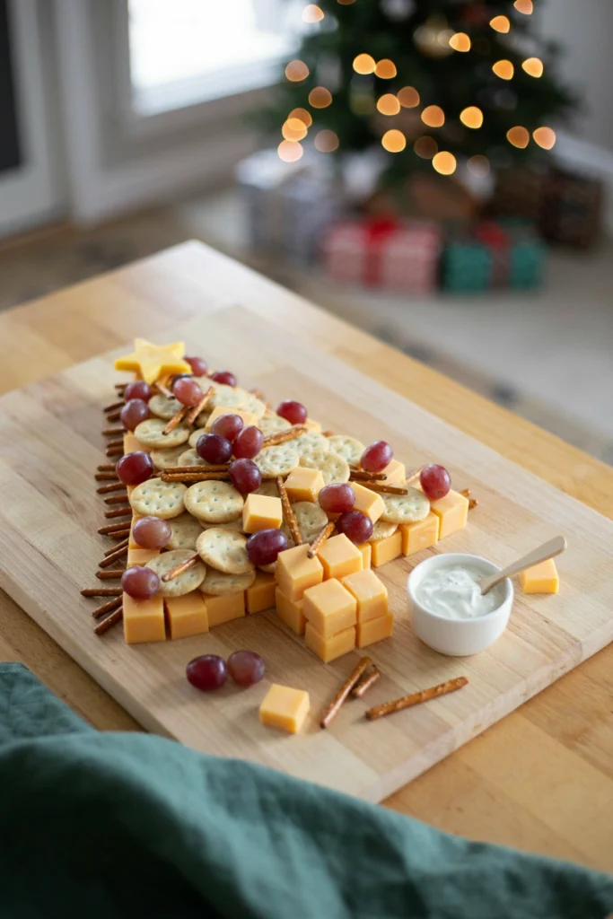 A large tree-shaped arrangement of cheese cubes, crackers, grapes, and pretzels on a wooden board, with a star of cheese at the top.