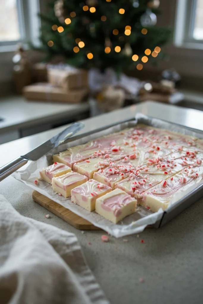 A square pan of white fudge swirled with pink peppermint and topped with crushed candy cane, cut into small squares.