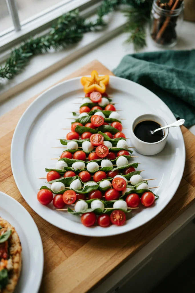 Small skewers with a cherry tomato, mozzarella ball, and basil leaf, standing upright in a wedge of parmesan cheese to form a tree shape.
