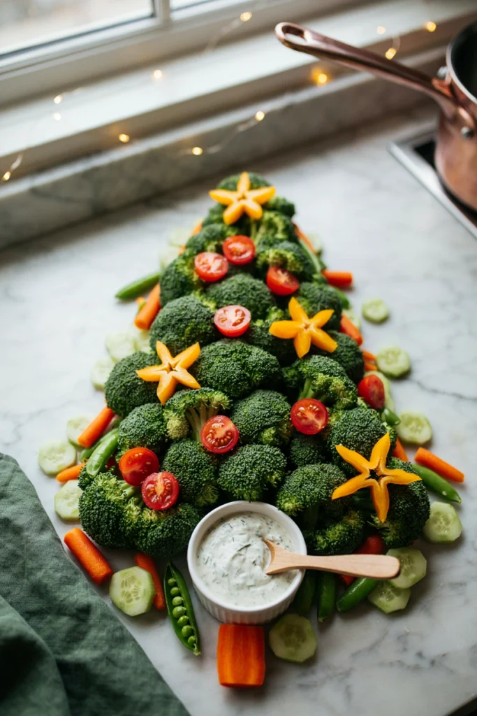 A tree-shaped arrangement of broccoli florets, cherry tomatoes, and yellow bell pepper stars on a green platter with ranch dip in the center.