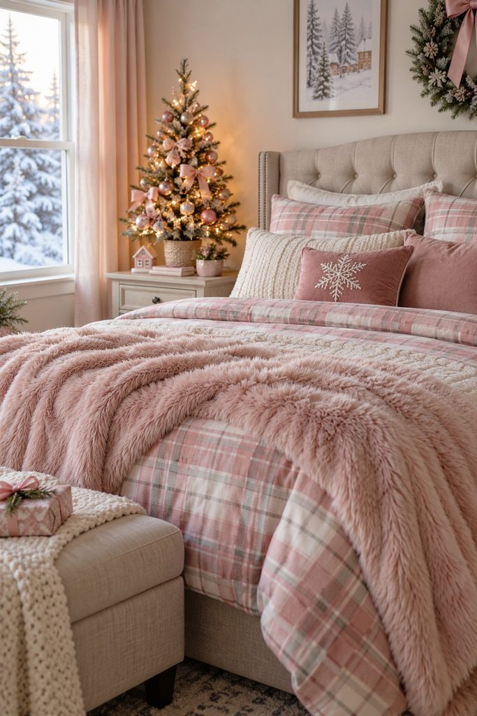 Bed with pink flannel sheets, a blush faux fur throw, and a small lit tree on the nightstand