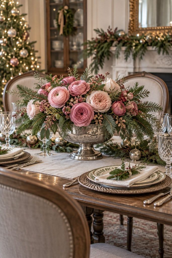 Low silver trophy bowl overflowing with pink ranunculus and garden roses on a dining table