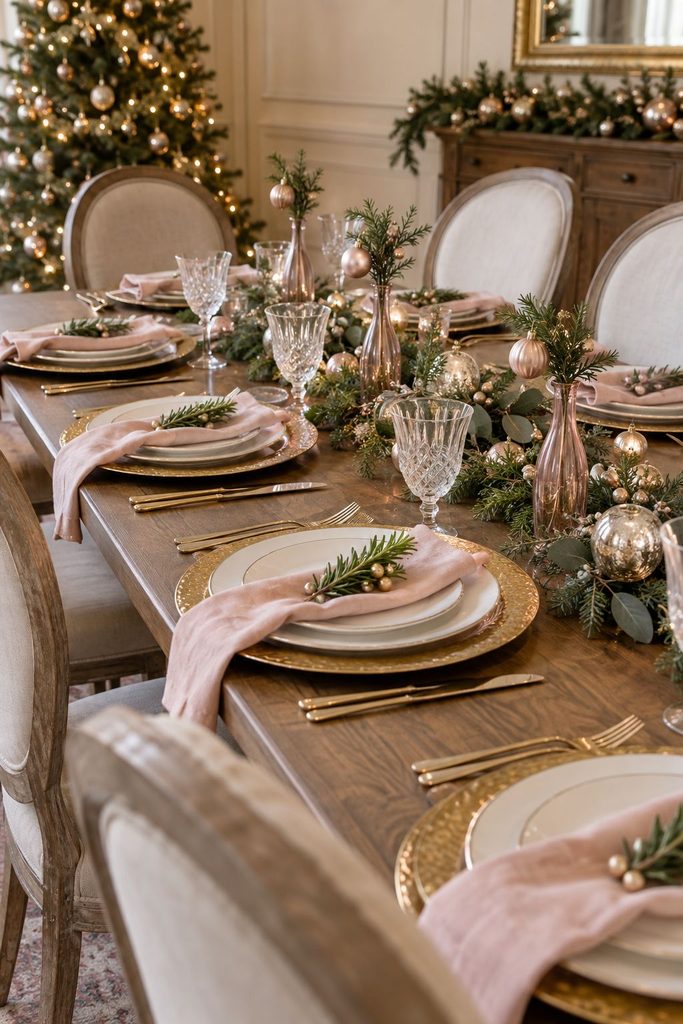 Formal Christmas dinner table with gold chargers, blush linen napkins, blush taper candles, and white china