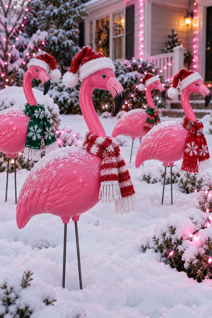 Plastic pink lawn flamingos wearing Santa hats and scarves in a snowy front yard