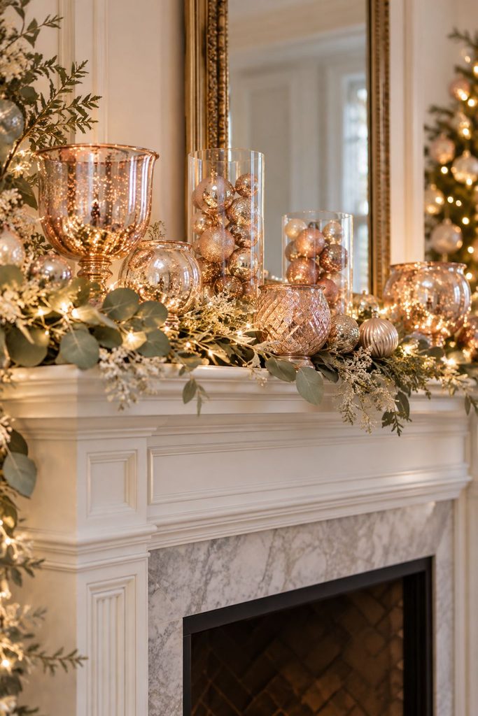 Fireplace mantel lined with rose gold mercury glass votives and candlesticks at different heights, soft glow