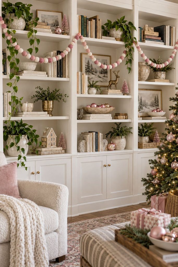 Open bookshelves with pink and white felt ball garlands looped between books and small ornaments