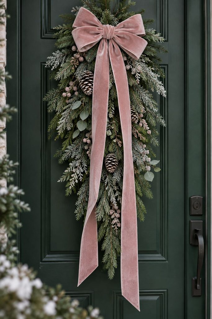 Teardrop evergreen door swag with a dusty pink velvet bow and long ribbon tails hanging down the door