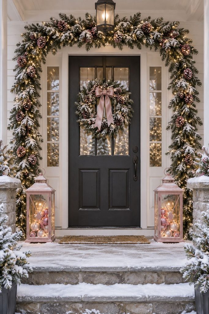 Front door framed by a full frosted pine garland with pink pinecones and pink lanterns on either side