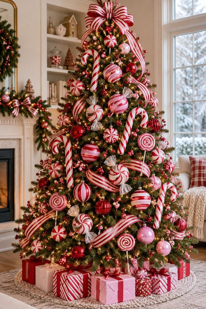 Green tree decorated with pink and red striped ornaments, oversized candy canes, and red-and-white striped ribbon