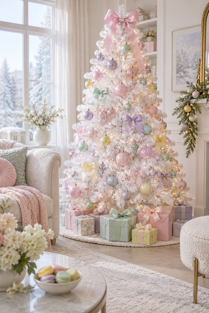 White tree decorated with pastel pink, mint, lavender, and butter yellow ornaments