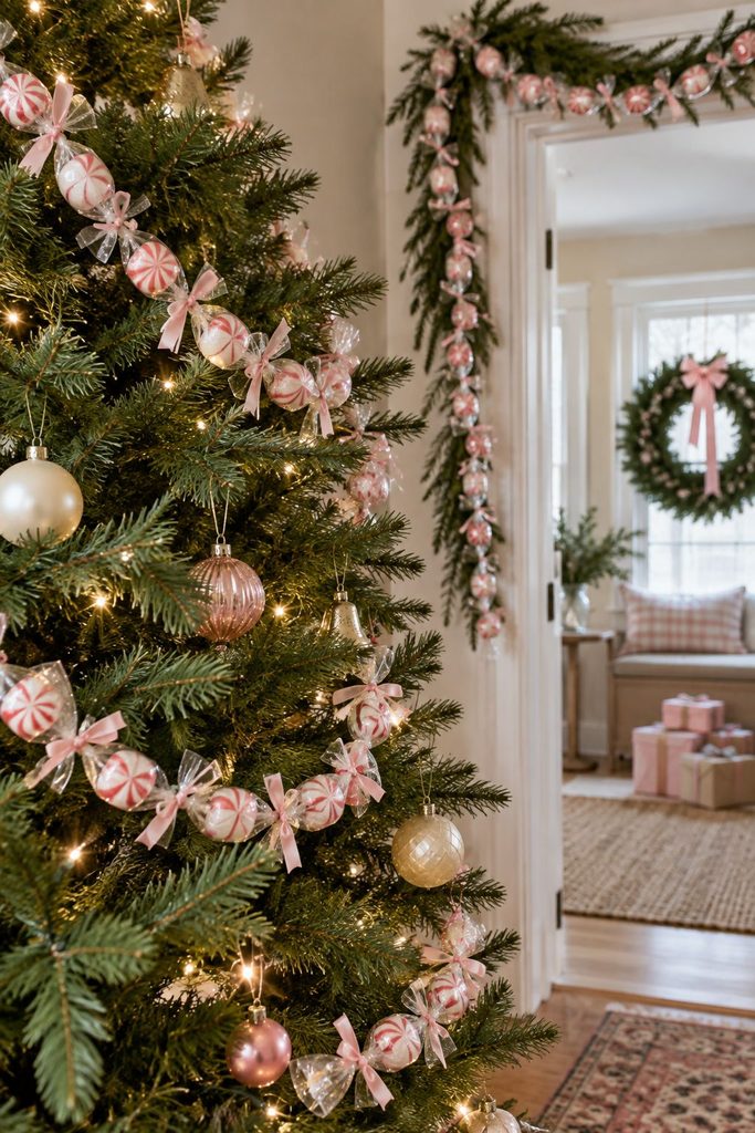 Garland made of pink and white wrapped candies tied together in clear cellophane