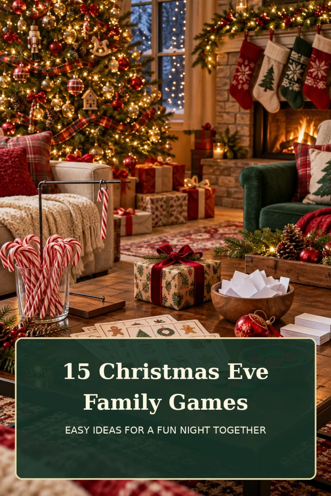 Pinterest pin for 15 Christmas Eve family games and activities