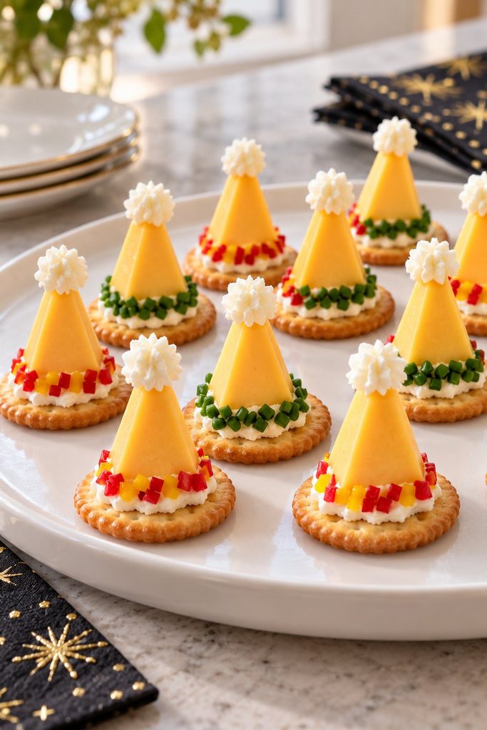 Triangular cheese wedge party hats with cream cheese pom-poms and chive hatbands standing on round crackers