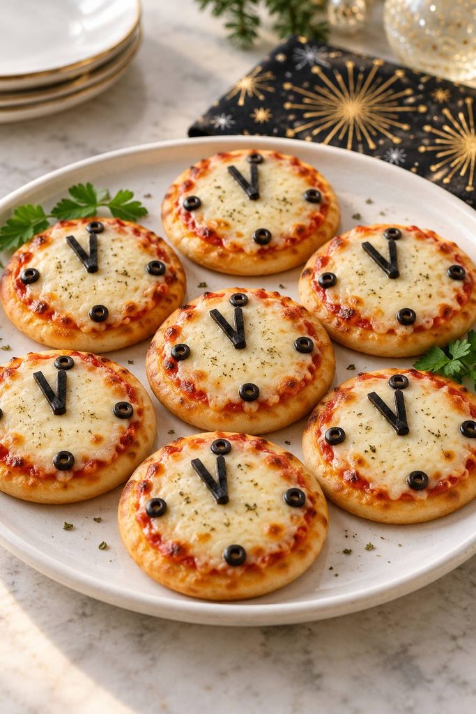 Mini pizzas decorated with black olive strips to look like clock faces showing nearly midnight