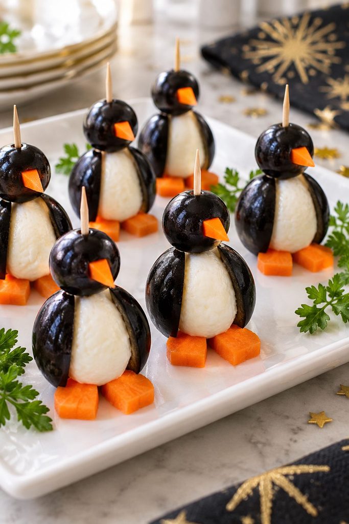 Appetizer penguins made from black olives, mini mozzarella balls, and carrot feet on cocktail picks