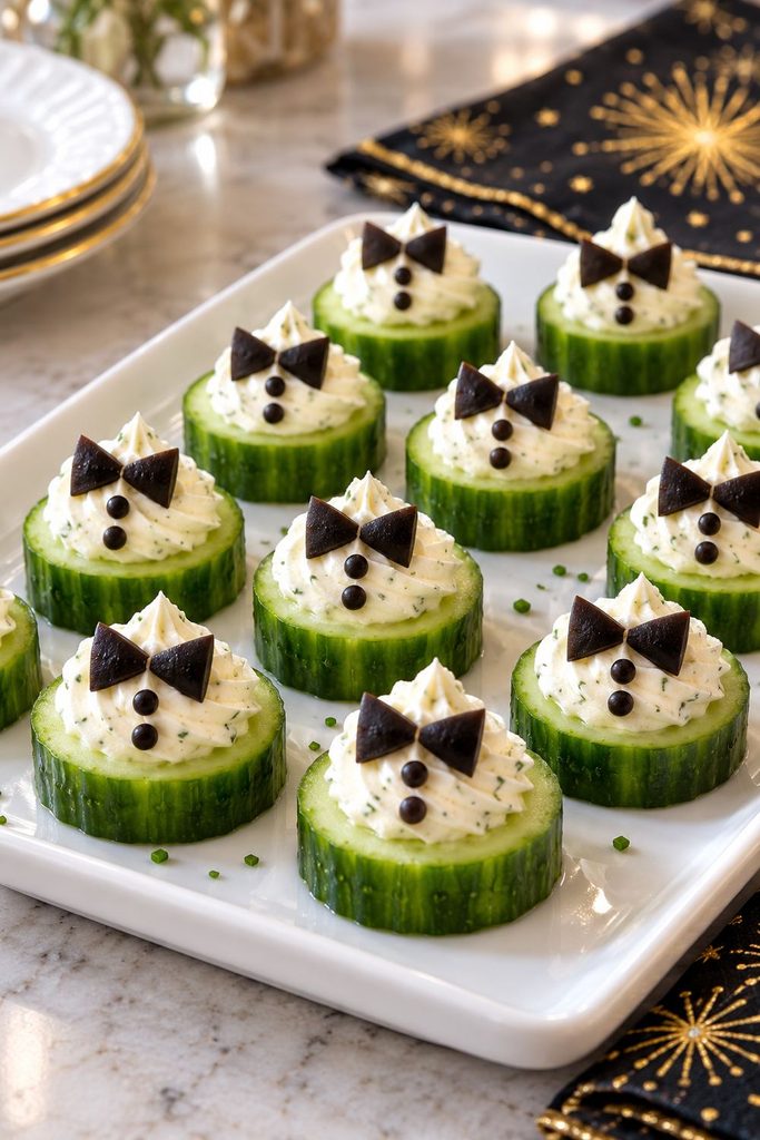 Cucumber slices topped with whipped cream cheese and black olive bow ties and buttons to look like tuxedos