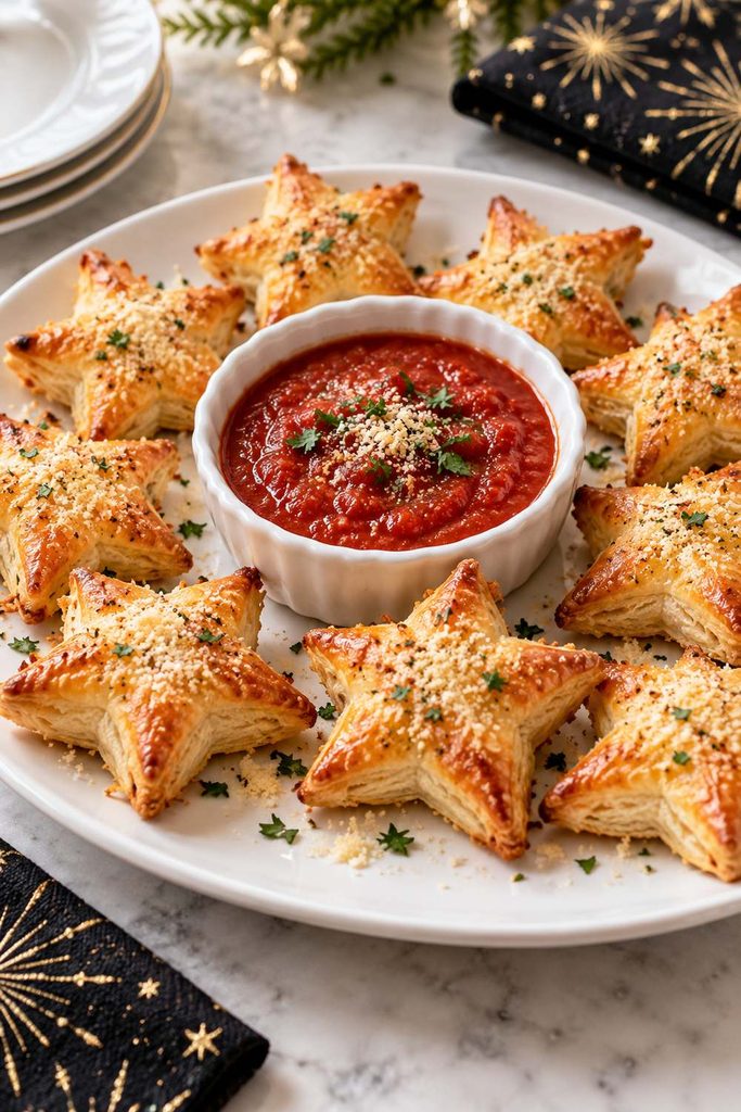 Golden baked puff pastry stars topped with Parmesan served around a bowl of marinara
