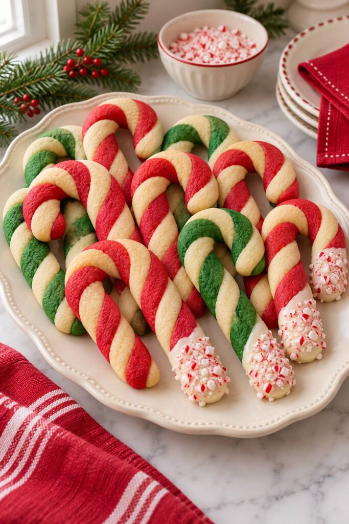 Candy cane cookie variations in red and white, green and white, and white chocolate dipped styles
