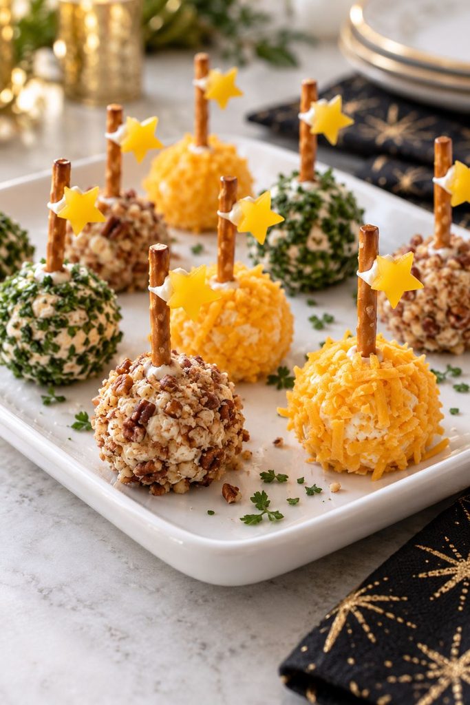 Mini cheese balls coated in herbs, pecans, and cheddar with pretzel stick sparklers and tiny yellow pepper stars