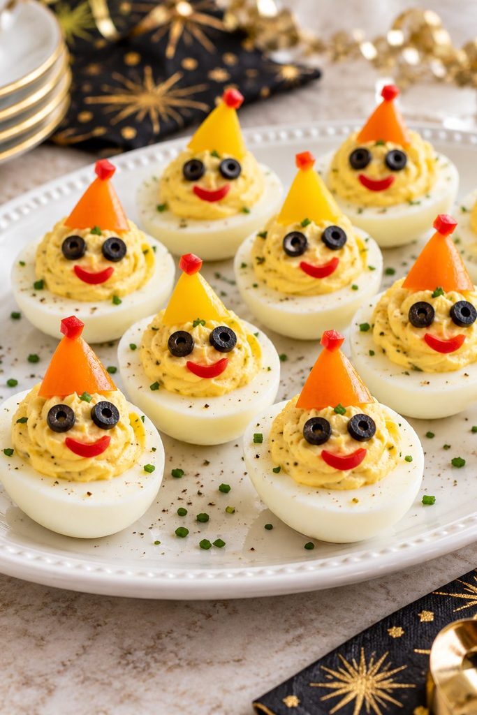 Deviled eggs decorated with olive eyes, red pepper smiles, and pepper party hats